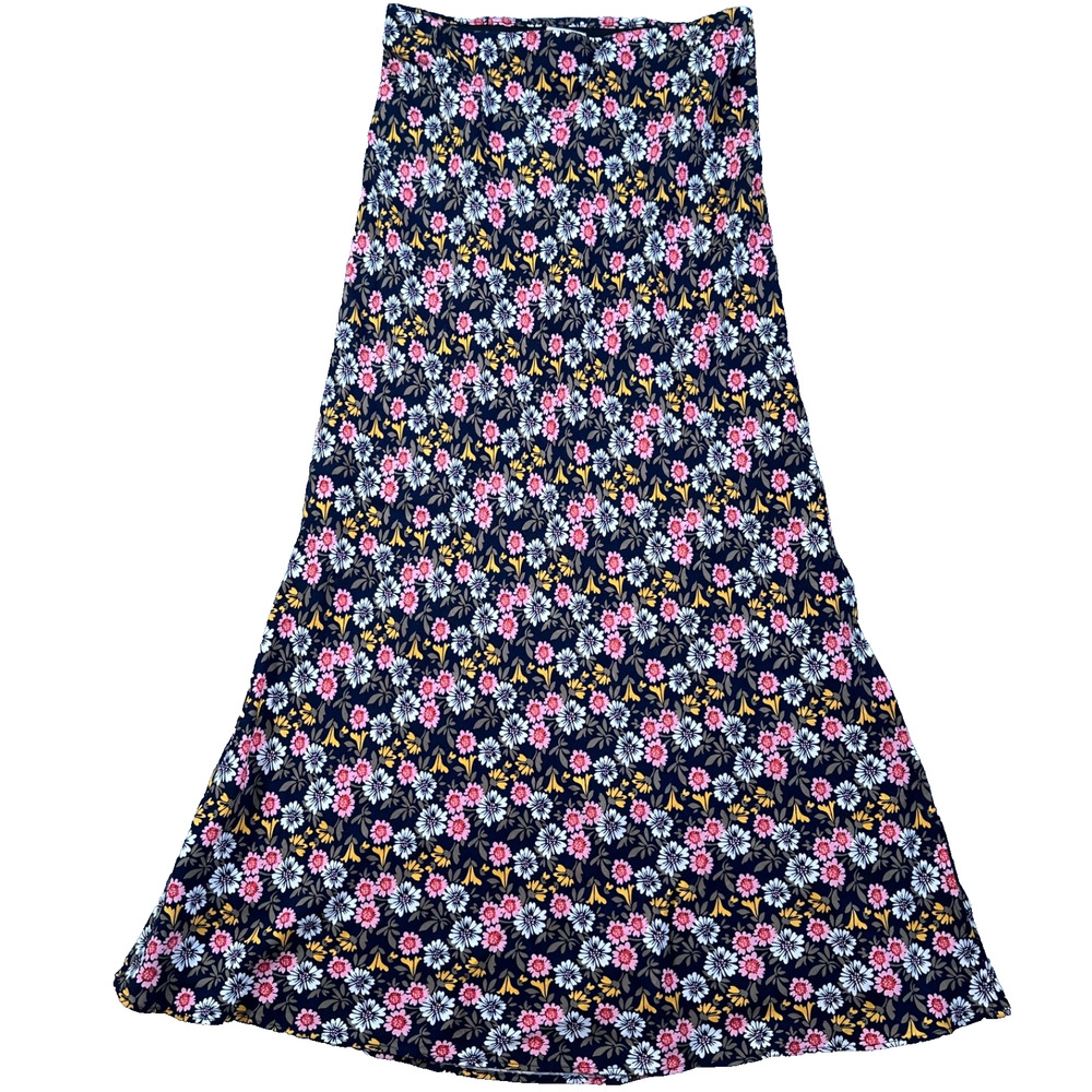 LOFT Floral Maxi Skirt Women's XS Elastic Waist Side Slit Navy Blue Daisy Pink